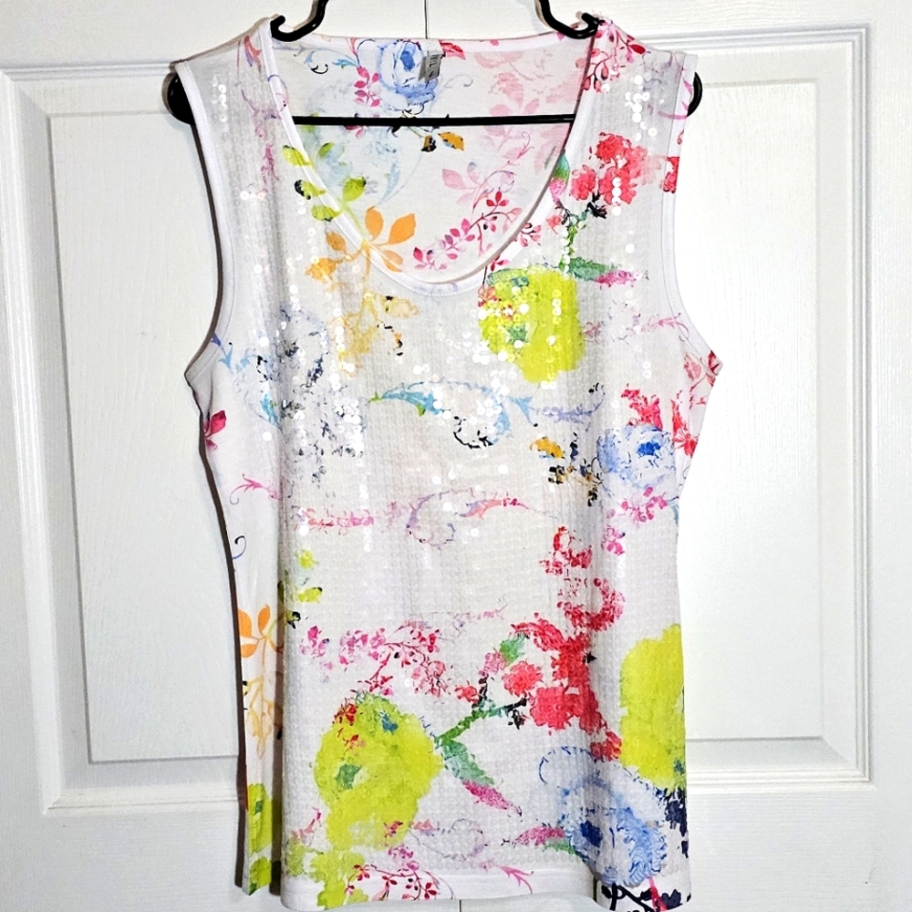 Women's White Floral Tank Top with Multi-Color Print